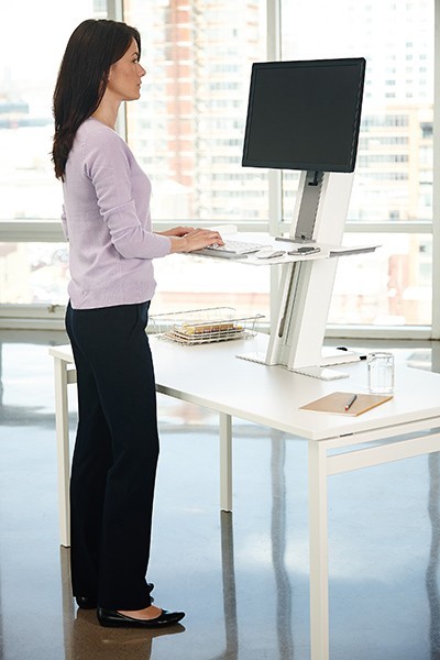 Transform your work space! Designed with a large platform that seamlessly blends into your work surface the QuickStand Workstation is available in two sizes and comes in black or white.